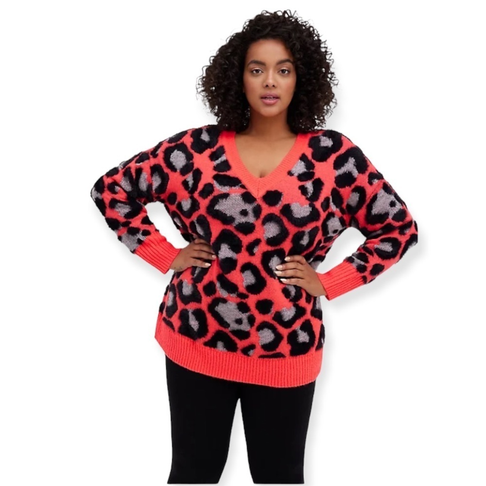 Torrid Slouchy Tunic Pullover Sweater Leopard Print Coral V Neck Animal …